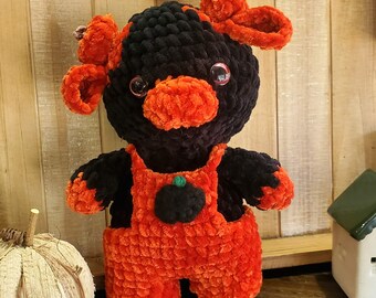 Halloween Pumpkin Cow Crochet Plush | Soft Chenille Stuffed Animal in Pumpkin Overalls