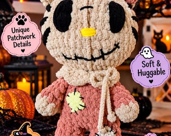Handmade Crochet Voodoo Cat Plush | Spooky Patchwork Halloween Decor