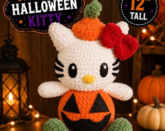 12” Crochet Halloween Kitty in Pumpkin Costume, Spooky Sweet Cat Plush
