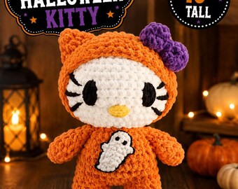 10” Crochet Halloween Kitty in Pumpkin Costume, Spooky Sweet Cat Plush