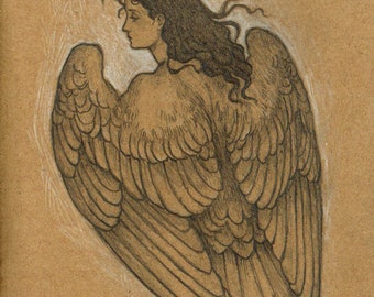 Bird woman, original sketch on kraft paper