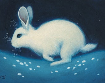 White Rabbit on Blue Field - Original Gouache Painting