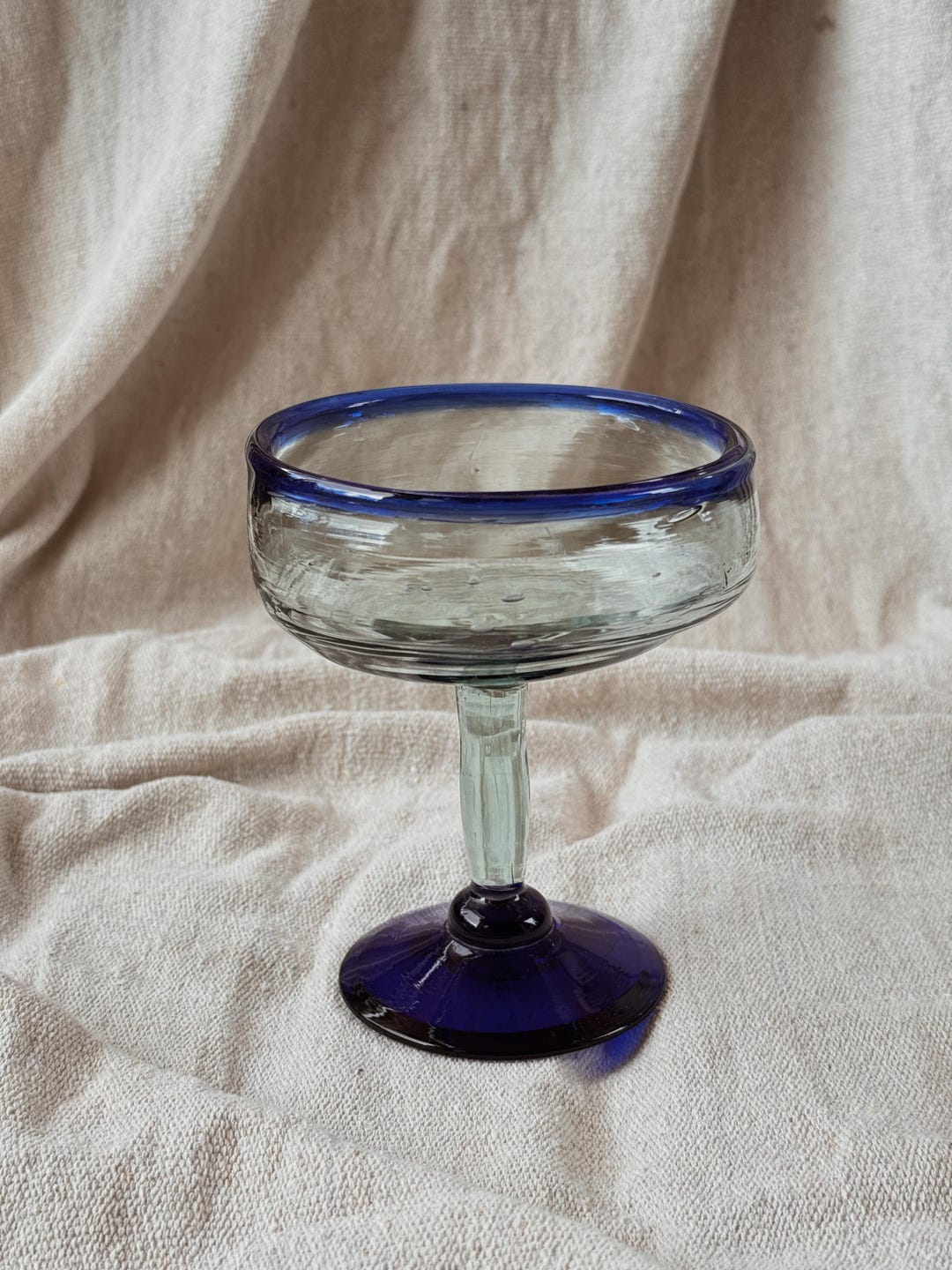Vintage Blue Rim Coupe Glass - French Hand Blown Cobalt Stemmed Coupe ...