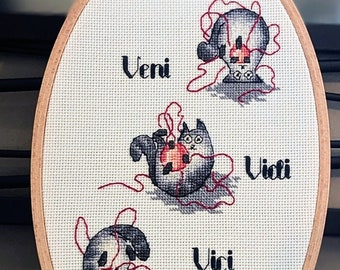 Veni Vidi Vici - Finished Cat Cross Stitch Wall Art