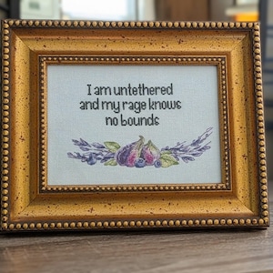 May include: A cross-stitch embroidery in a gold-toned, beaded frame. The white fabric features the black text 'I am untethered and my rage knows no bounds' above a colorful illustration of purple figs, green leaves, and small blue berries.