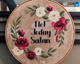 Not Today Satan - Finished Subversive Cross Stitch Wall Art