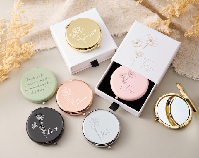 Personalised Compact Mirror with Box, Engraved Birth Flower Pocket Mirror, Bridesmaid, Mother of the Bride or Wedding Day Gifts, Party Favor