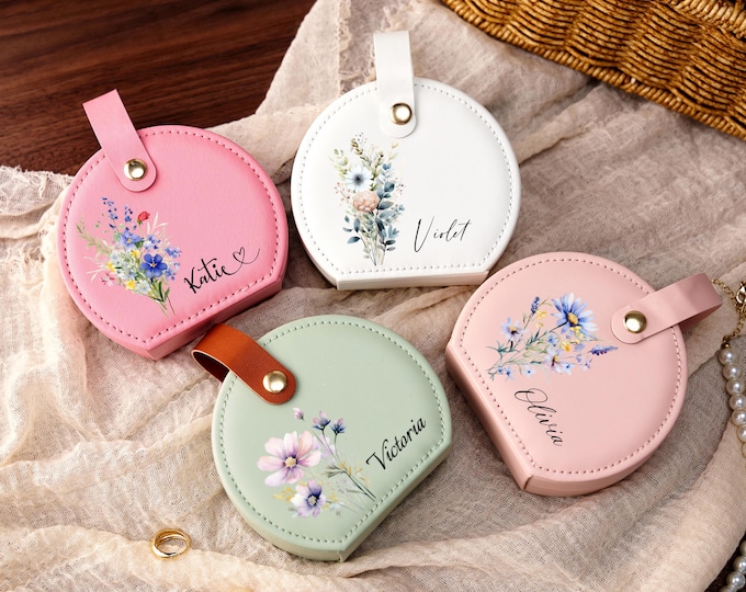 Personalized Name Jewelry Case with Birth Flower Design, Travel Jewelry Box Compact Organizer, Perfect Gift for Bridesmaids and Bridal Party