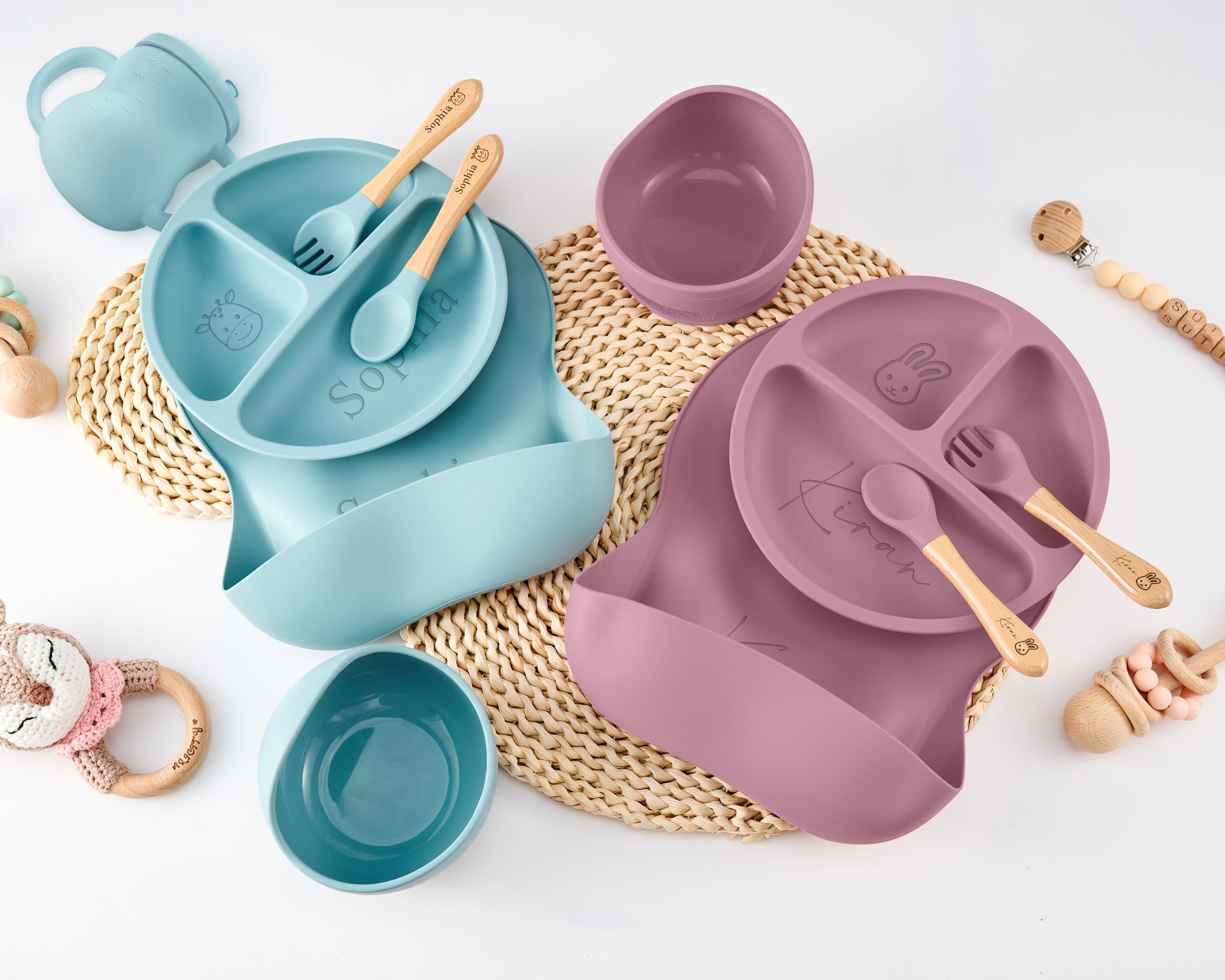 Set Da Svezzamento Per Bambino 6 Pezzi In Acciaio Inox E Silicone: Piatto Con Ventosa, Ciotola, Bavaglino, Tazza 2 In 1 E 2 Cucchiai, Lavabile In Lavastoviglie, Senza BPA, Blu
