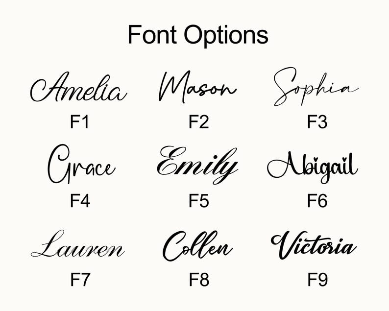 Op de afbeelding: Een weergave van negen verschillende lettertype-opties voor namen, elk in een cursief schrift. De namen zijn Amelia, Mason, Sophia, Grace, Emily, Abigail, Lauren, Collen en Victoria, met bijbehorende lettertypenummers.