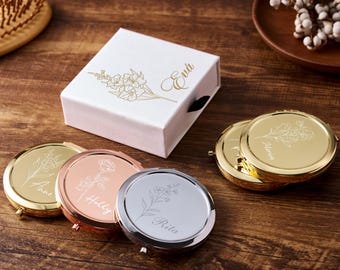 Personalized Pocket Makeup Mirror for Bridesmaids, Engraved Compact Mirror with Gift Box, Bridal Shower Favor & Wedding Party Gift