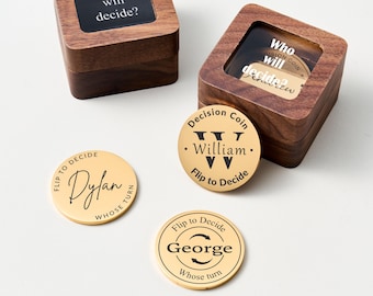 Handmade Decision Coin Gift Set, Custom Flip to Decide Coin for Valentine/Birthday, Engraved Brass Tossing Coin in Wooden Box, Ideal for Him