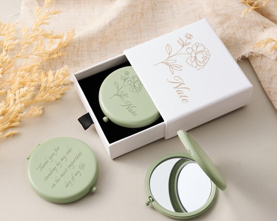 Personalised Compact Mirror With Box, Engraved Birth Flower Pocket