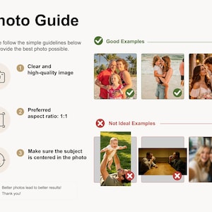 May include: A photo guide with text and examples. The guide advises on clear, high-quality images, a 1:1 aspect ratio, and centered subjects. Includes "Good Examples" with family photos and "Not Ideal Examples" with blurry images.