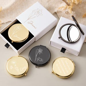 Engraved Compact Mirror, Custom Best Friend or Birthday Gift, Birth Flower Pocket Mirror, Makeup Gift for Women, Anniversary or Mother&#39;s Day
