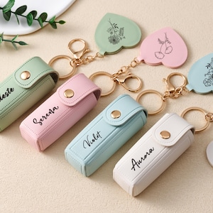 Custom Lipstick Case with Mirror, Engraved Leather Holder Keyring, Anti-Lost Pouch, Make up Gifts for Women, Mum, Mother&#39;s Day & Anniversary