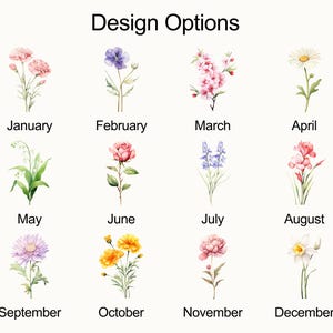 Op de afbeelding: Een afbeelding met designopties, met aquarel illustraties van bloemen die elke maand van het jaar vertegenwoordigen. De tekst "Design Options" staat bovenaan. Elke bloem is gelabeld met de bijbehorende maand, van januari tot december.