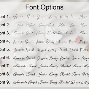 May include: A display of nine font options, each showcasing a different handwritten style. The text "Font Options" is at the top. Each font sample includes the names Amanda, Sarah, Jessica, Emily, Rachel, Laura, and Megan.