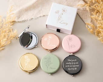 Custom Engraved Pocket Mirror with Box, Birth Flower Compact Mirror, Make up Gift for Bridesmaid Proposal & Bridal Shower, Wedding Favors