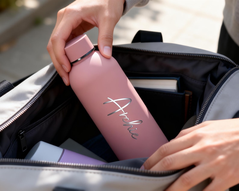 May include: A pink water bottle with the name "Archie" in silver script is being placed into a gray bag. The bottle has a matching pink cap with a black band. The bag contains other items, including a book and a purple bottle.