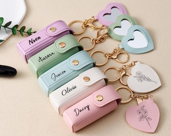 Custom Name Lipstick Case Keychain, Engraved Leather Holder Bag, Bridesmaid Proposal, Wedding Party Favors, Bridal Shower Makeup Gift