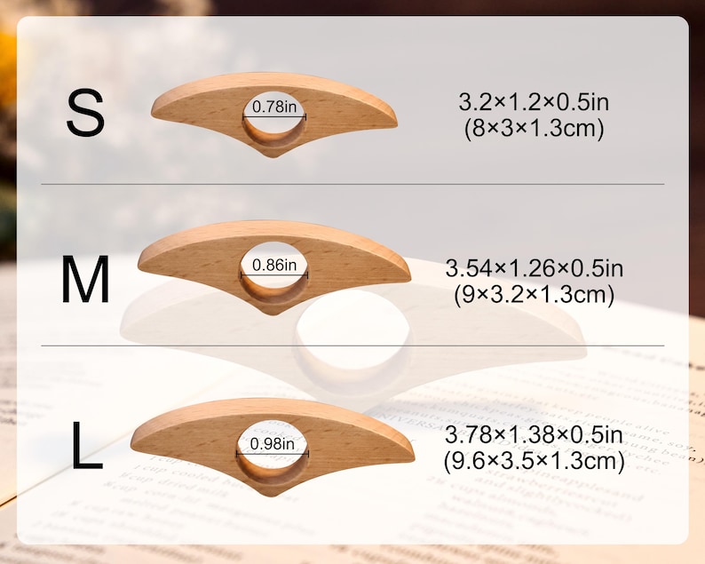 May include: Three wooden thumb page holders in sizes S, M, and L. Each has a finger hole and is designed to hold pages open. Measurements are provided in inches and centimeters.