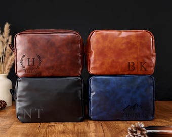 Engraved Mens Toiletry Bag, Leather Bathroom Pouch, Custom Shaving Kit, Travel Organizer, Personalized Travel Bag, Wedding Favors for Him
