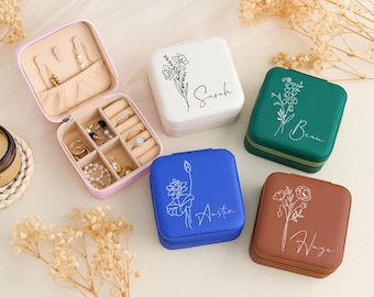 Custom Birth Month Flower Jewelry Organizer - Personalized Square Travel Earrings Case - Unique Bridesmaid or Birthday Gift for Women