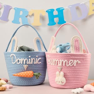 Personalisierter Hasenkorb für Babys erstes Ostern, Baumwollseilkonstruktion, benutzerdefinierter Name für das Kinderzimmer, spezielles Babypartygeschenk