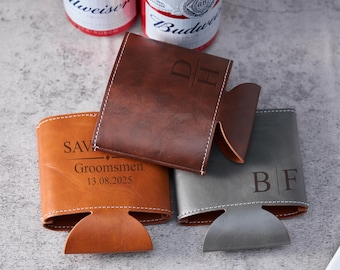 Custom Engraved Can Cooler, Leather Drink Holder for Beer Bottles, Birthday Gift for Men, Groomsmen Gift, Father's Day & Husband Present