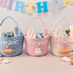 Benutzerdefinierter Name-Osternkorb für Neugeborene, Häschen-Eiersuche-Halter mit Seilgriffen, durchdachtes Baby-Geschenk, Kinderzimmer-Organizer & Memory Marker
