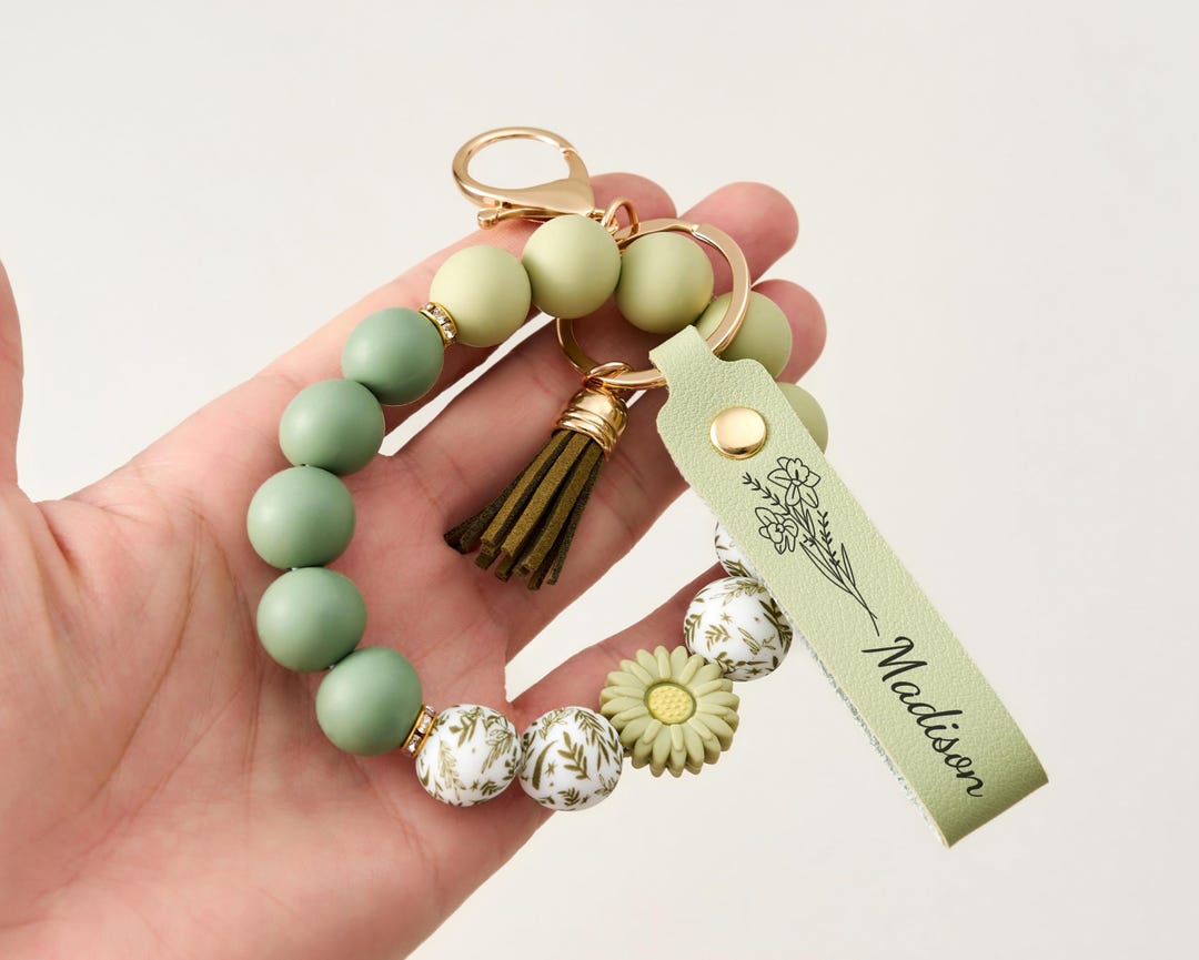 Silicone Beaded Wristlet Keychain Bracelet, Stretch Keychain With Faux ...