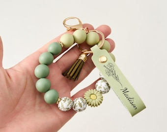 Silikon-Perlen-Schlüsselanhänger Armband, Stretch-Schlüsselanhänger mit Kunstleder-Schlüsselring, Leichter Schlüsselhalter für den Alltag