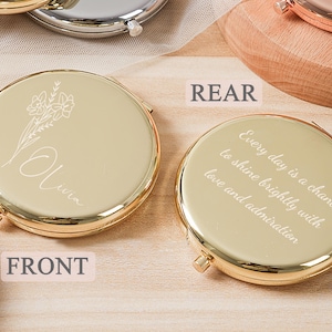 Op maat gegraveerde compacte spiegel, gepersonaliseerde zakspiegel geboortebloem, elegant bruidsmeisje en huwelijksdagcadeau, gunst vrijgezellenfeest