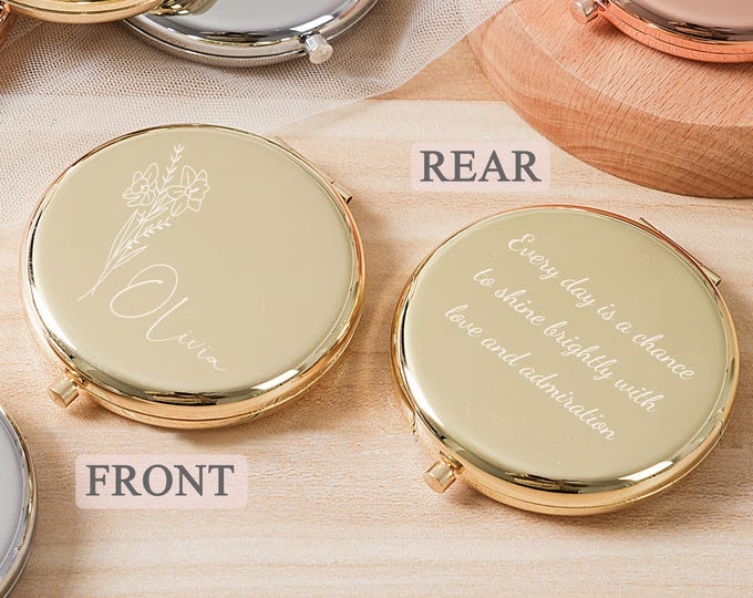 Custom Engraved Compact Mirror, Personalized Birth Flower Pocket  Mirror, Elegant Bridesmaid & Wedding Day Gift, Bridal Shower Party Favor