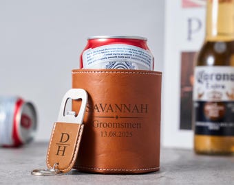 Engraved Leather Can Cooler, Custom Beer Drink Holder with Bottle Opener, Groomsmen Gift Set, Bachelor Party Favor, Wedding Gift Idea