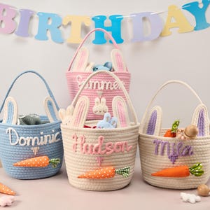Benutzerdefinierte Name Ostern Baby Geschenkkorb, handgefertigter Baumwollseil Häschen Eimer für Eiersuche, Kinderzimmer Aufbewahrung Frühling Dekor, Baby Namen Geschenk