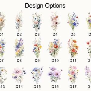 Op de afbeelding: Een selectie van aquarel bloemmotieven, gelabeld D1 t/m D18. Elk ontwerp toont een unieke bloemarrangement in verschillende kleuren, waaronder roze, blauw, geel en paars. De tekst "Design Options" staat bovenaan.