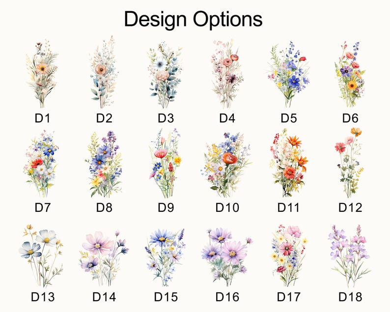 Op de afbeelding: Een selectie van aquarel bloemmotieven, gelabeld D1 t/m D18. Elk ontwerp toont een unieke bloemarrangement in verschillende kleuren, waaronder roze, blauw, geel en paars. De tekst "Design Options" staat bovenaan.