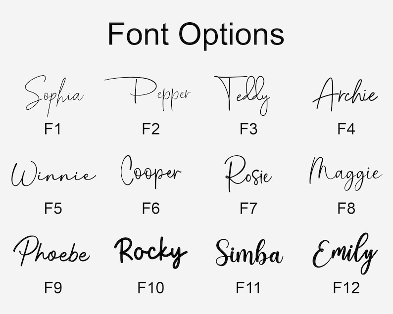 May include: A graphic displaying twelve font options with names and corresponding codes. The fonts are in a cursive style, with names like Sophia, Pepper, and Archie. The text "Font Options" is at the top in a bold, sans-serif font.