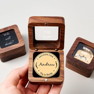 Custom Decision Making Coin for Couples, Flip to Decide Brass Coin with Engraved Name, Perfect Birthday Gift for Her, Wood Box Included