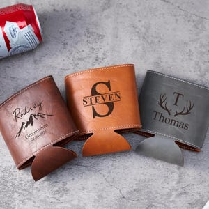 Personalized Leather Can Holder, Custom Engraved Beer Can Cooler with Bottle Opener, Unique Groomsmen Gifts, Best Man, Bachelor Party Favors