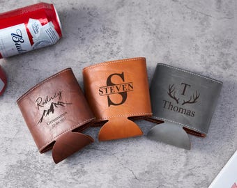 Engraved Leather Can Cooler with Bottle Opener, Personalized Groomsmen Beer Can Holder, Ideal for Bachelor Party Favors and Custom Gifts