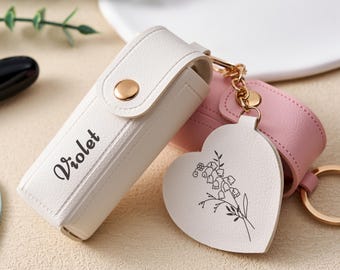 Custom Lipstick Case with Birth Flower Mirror, Engraved Leather Holder Keyring, Bridesmaid & Mother of the Bride Gifts, Wedding Party Favor