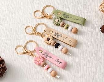 Porte-clés fleur perlée marguerite, porte-clés en cuir personnalisé, cadeau d'anniversaire fait main pour elle, cadeau d'amitié, de professeur ou de vacances