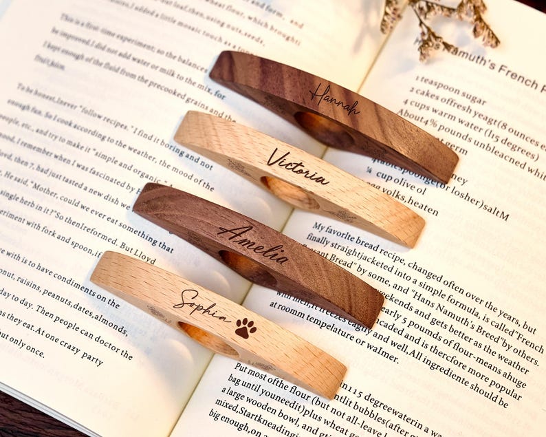 May include: Four wooden book page holders with personalized names: Hannah, Victoria, Amelia, and Sophia. Two are light-colored wood, and two are dark. The Sophia holder has a paw print. The holders are resting on an open book.