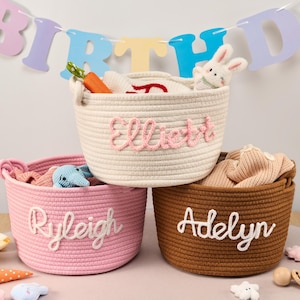 Personalisierter Babyparty-Geschenkkorb, individuell gestickter Name, Baumwollseil-Organizer, Neugeborenen-Kinderzimmer-Aufbewahrungsgeschenk für Spielzeug und Essentials