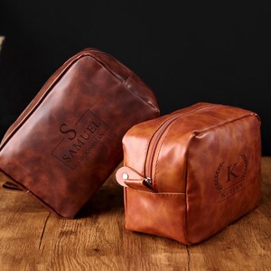 Custom Engraved Toiletry Bag for Men, Leather Travel Dopp Kit, Bathroom Shave Case, Personalized Makeup Organizer, Anniversary Gift for Him
