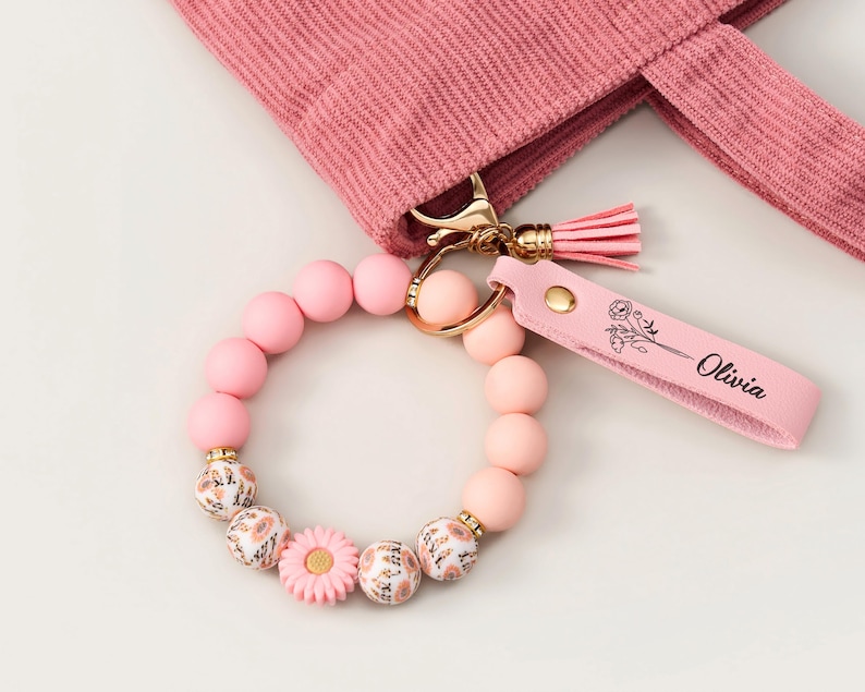 Silicone Beaded Wristlet Keychain Bracelet, Stretch Keychain With Faux ...
