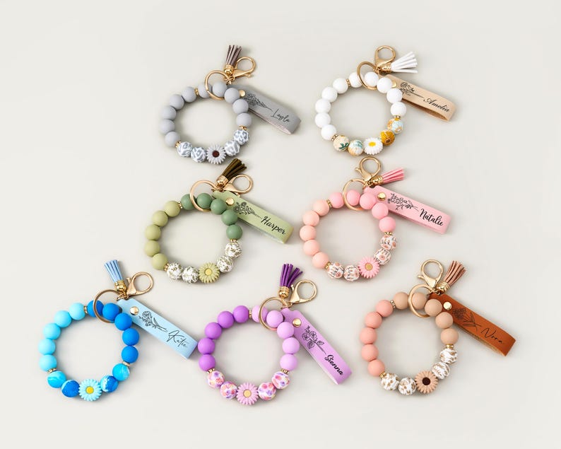 Silicone Beaded Wristlet Keychain Bracelet, Stretch Keychain With Faux ...